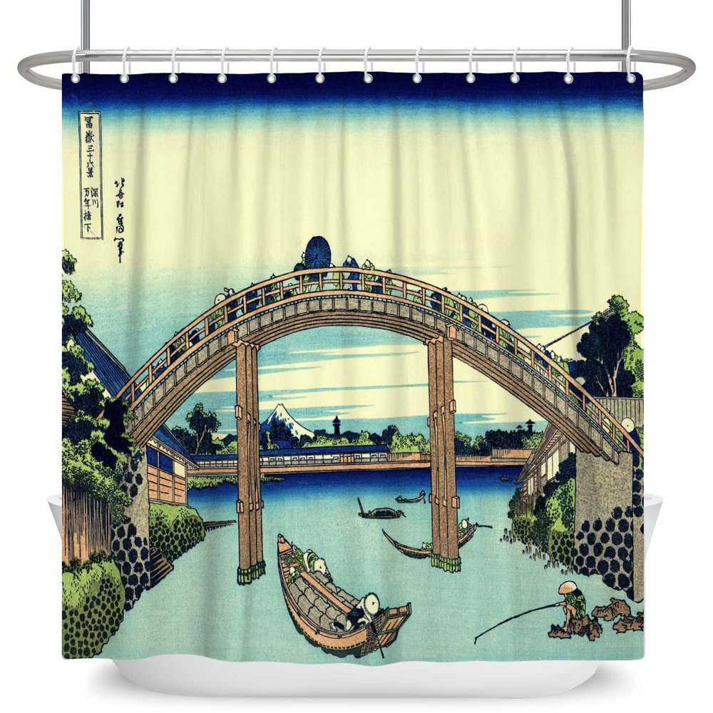 SDOTPMT 178 x 183 cm Vintage Japanese Ukiyo-e Bridge & Mount Fuji Shower Curtain with Hooks