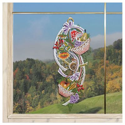 DSD Design-Studio Drechsler Autumn Basket Window Decoration with Sunflower, Plauen Lace, 37 x 15 cm