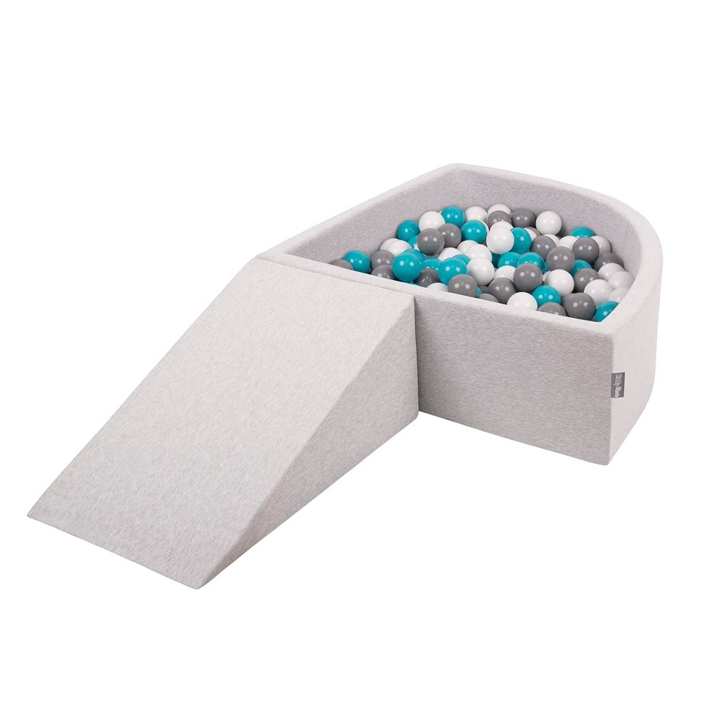 KiddyMoon Foam Playground with Quarter-Square Ball Pit (100 Balls), Obstacle Course, Light Gray/Gray/White/Turquoise
