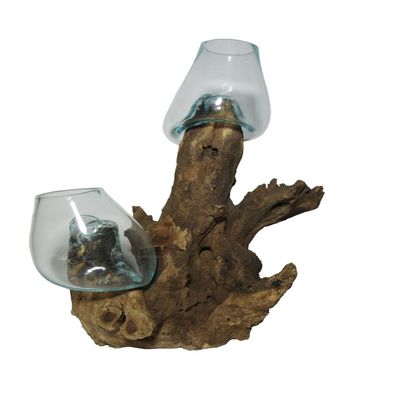 Decorative Double Glass Vases, 40 cm, on Root Wood — Second Choice