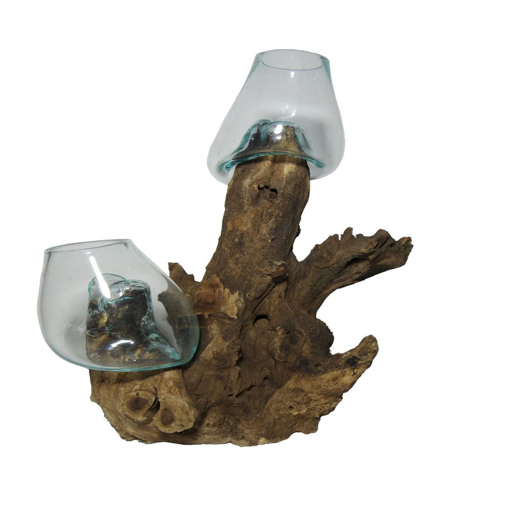 Decorative Double Glass Vases, 40 cm, on Root Wood — Second Choice