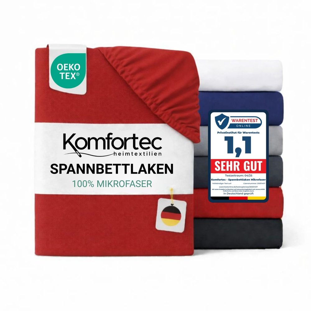 Komfortec Microfiber Fitted Sheet 200 x 200 cm, Red, for Mattresses up to 30 cm, OEKO-TEX, Easy-Care