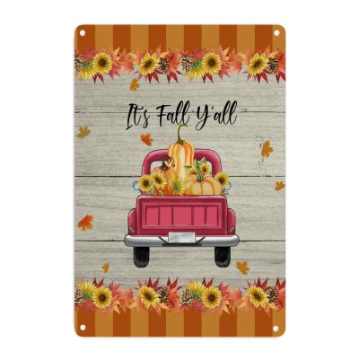 Thanksgiving Metal Sign, It’s Fall Y’all Sunflower Pumpkin Vintage Plaid Truck, Farmhouse Autumn Decor, 45.7 x 30.5 cm
