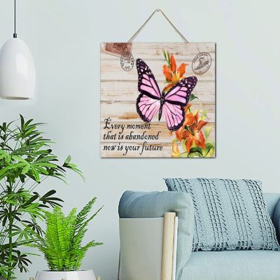 NABRAND Wooden Hanging Sign “Now Is Your Future,” 30.5 x 30.5 cm, Colorful Butterfly Garden Flower Design