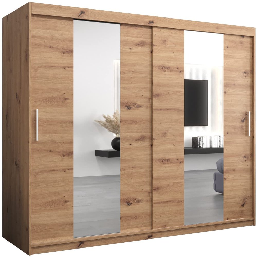 MEBLE KRYSPOL Pole 200 Bedroom Wardrobe with 2 Sliding Doors, Mirror, Clothing Rods and Shelves, 200 x 200 x 62 cm, Artisan