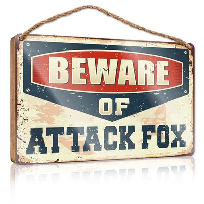 Hanging Wood Sign “Beware of Attack Fox,” 23 x 35 cm