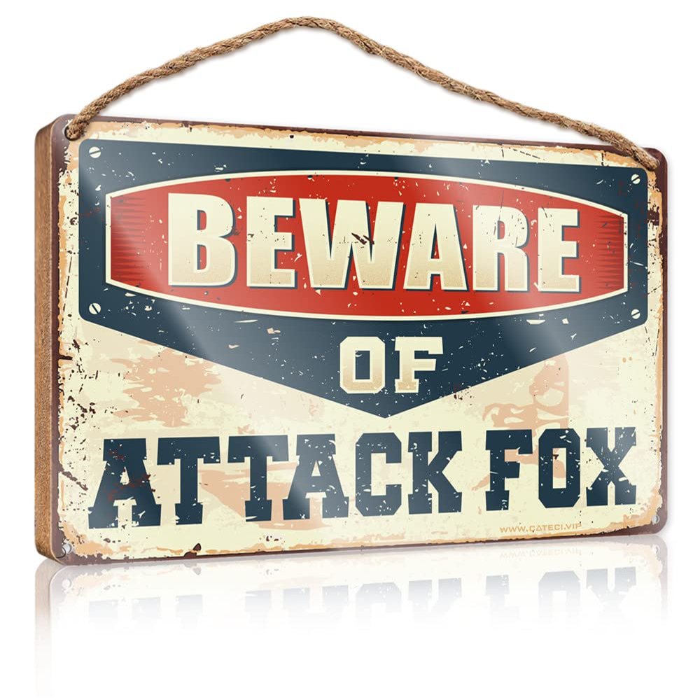 Hanging Wood Sign “Beware of Attack Fox,” 23 x 35 cm
