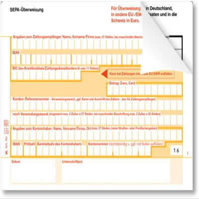 Litfax SEPA Transfer Slips, 100 Sheets, DIN A6, 2-Part Carbonless, Bank-Neutral