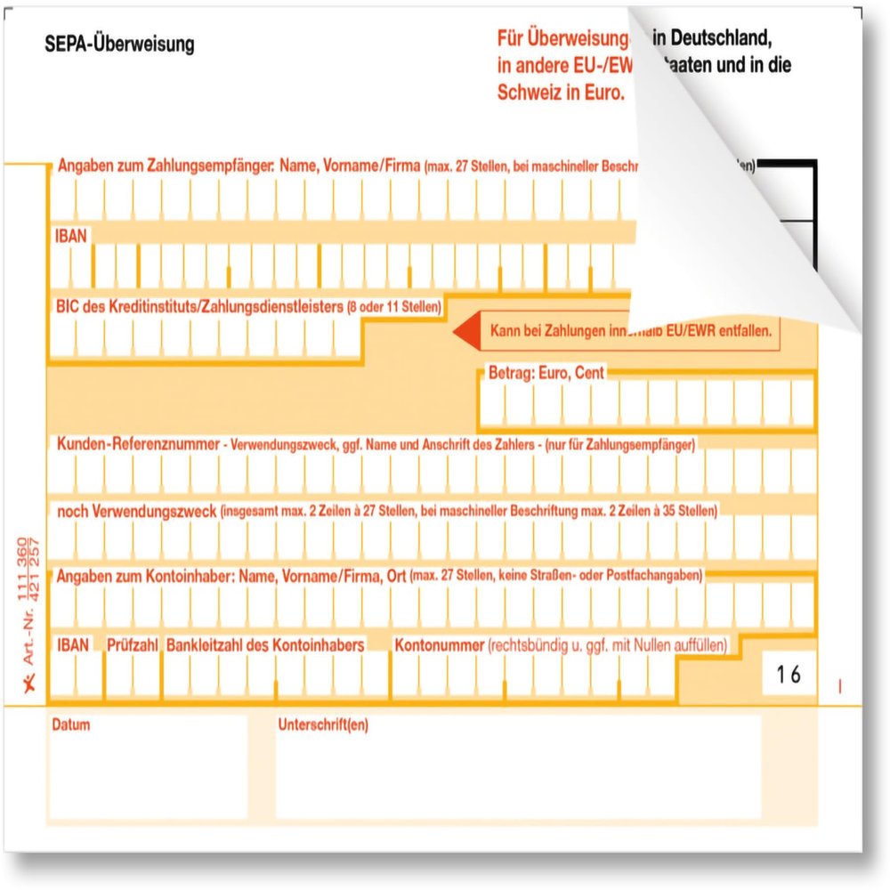 Litfax SEPA Transfer Slips, 100 Sheets, DIN A6, 2-Part Carbonless, Bank-Neutral