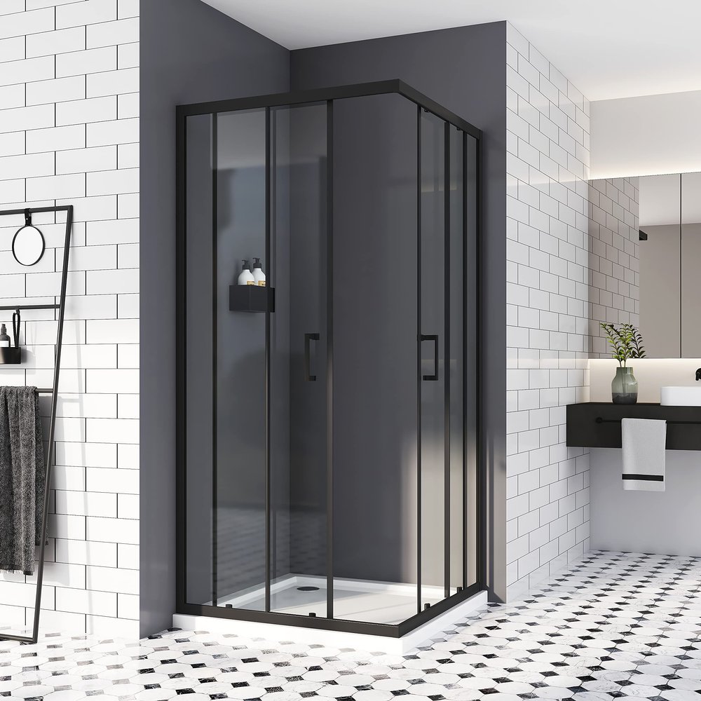 Shower Enclosure 80 x 90 cm, Black, Double Sliding Doors, Corner Entry, 6 mm Tempered Safety Glass, 185 cm High