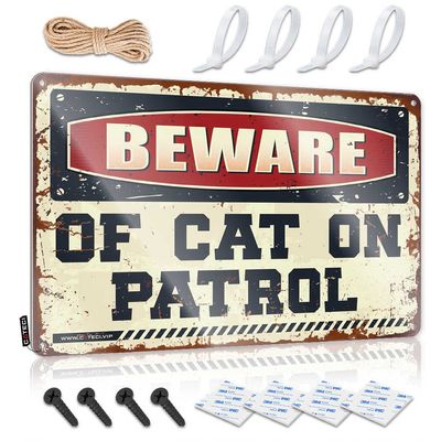 Funny "Beware of Cat on Patrol" Metal Sign, Man Cave Decor, Conservative Gift (Size: 30 x 40 cm)