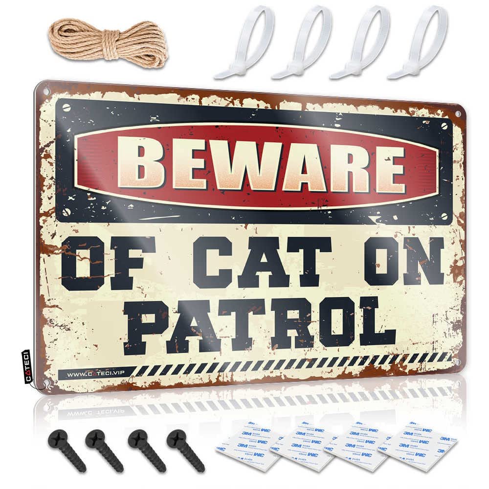 Funny "Beware of Cat on Patrol" Metal Sign, Man Cave Decor, Conservative Gift (Size: 30 x 40 cm)