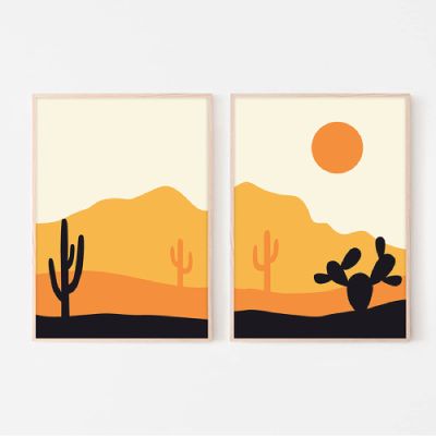 Abstract Desert Sunrise Wall Art, Orange Mid-Century Canvas Prints, Modern Living Room Decor, 40 x 60 cm, Set of 2, Unframed