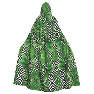 Green Palm Leaf Tropical Plant Print Hooded Cloak for Halloween, Christmas, Cosplay and Masquerade