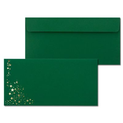 25 Dark Green DL Envelopes with Gold Metallic Stars, 110 x 220 mm