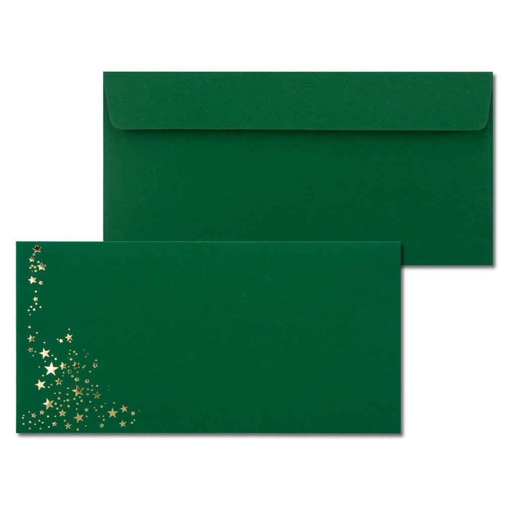 25 Dark Green DL Envelopes with Gold Metallic Stars, 110 x 220 mm