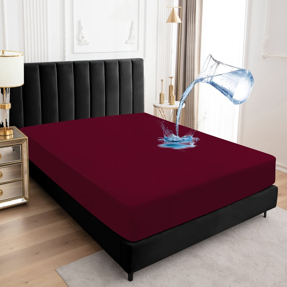 Waterproof Mattress Protector 180 x 200 cm Fitted Sheet, Breathable Mattress Cover, Mattress Protection, Waterproof Bedding Protector - Red Wine