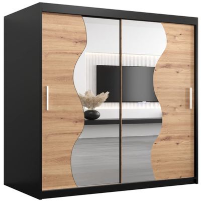 KRYSPOL Madryt 120 cm Sliding-Door Wardrobe with Mirror, Black + Artisan Oak
