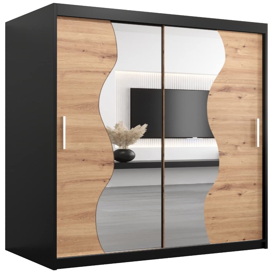 KRYSPOL Madryt 120 cm Sliding-Door Wardrobe with Mirror, Black + Artisan Oak