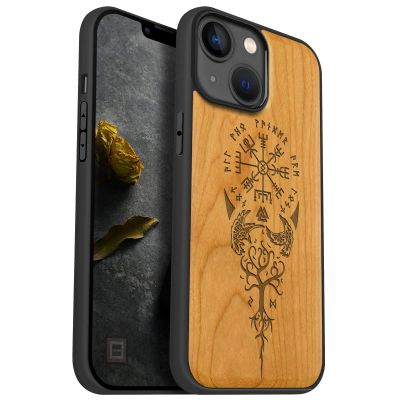 Carveit Wooden Case for iPhone 14, Cherry Wood Viking Compass