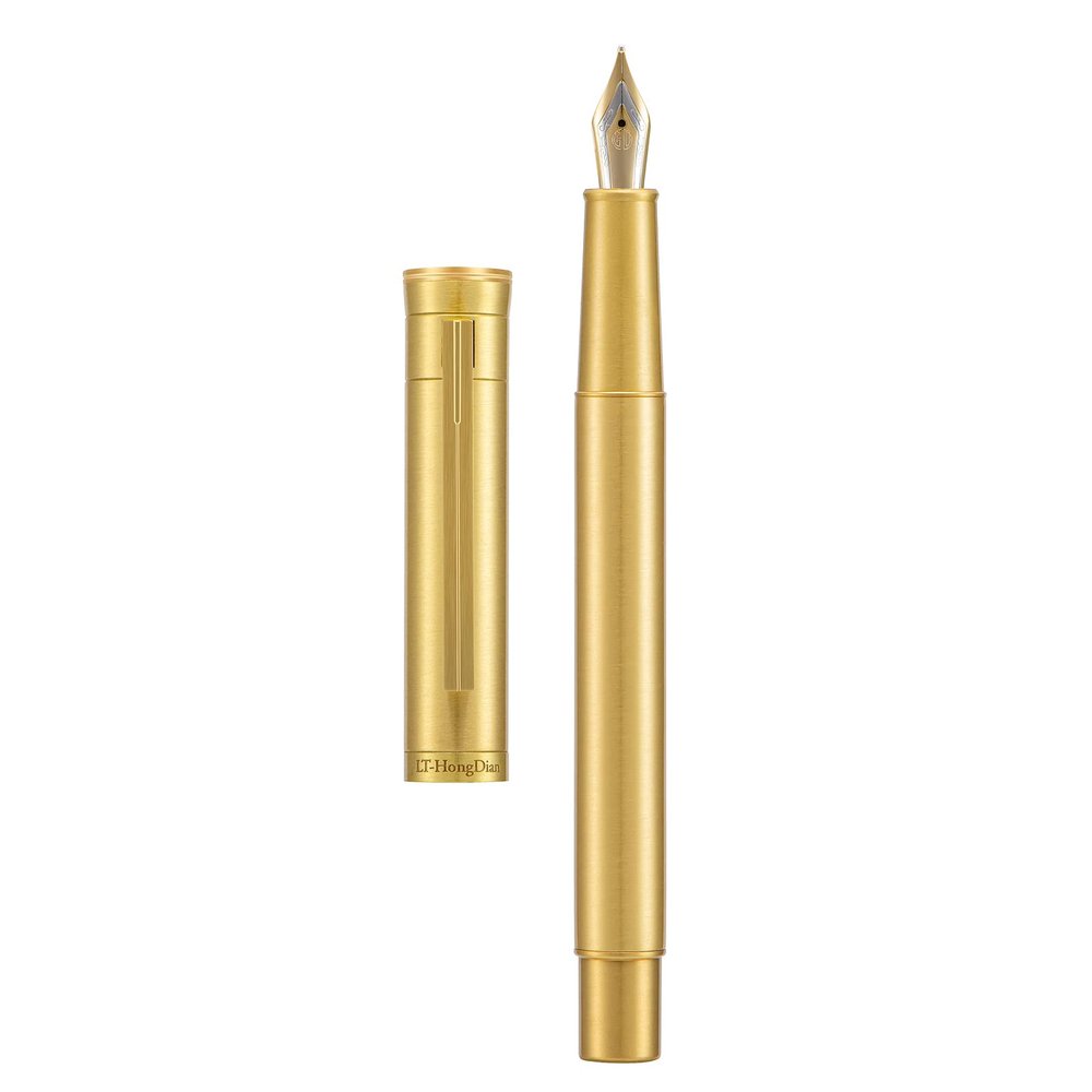 Hongdian Raw Brass Fountain Pen, Fine Nib, Modern Design, Smooth Writing, with Converter and Metal Pen Case Set