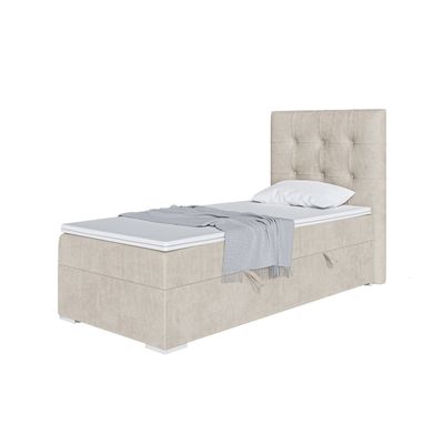 MEBLINI DENIZ Upholstered Box Spring Bed with Storage, Mattress & Topper, Left, 90 x 200 cm, H4/Cream Velvet