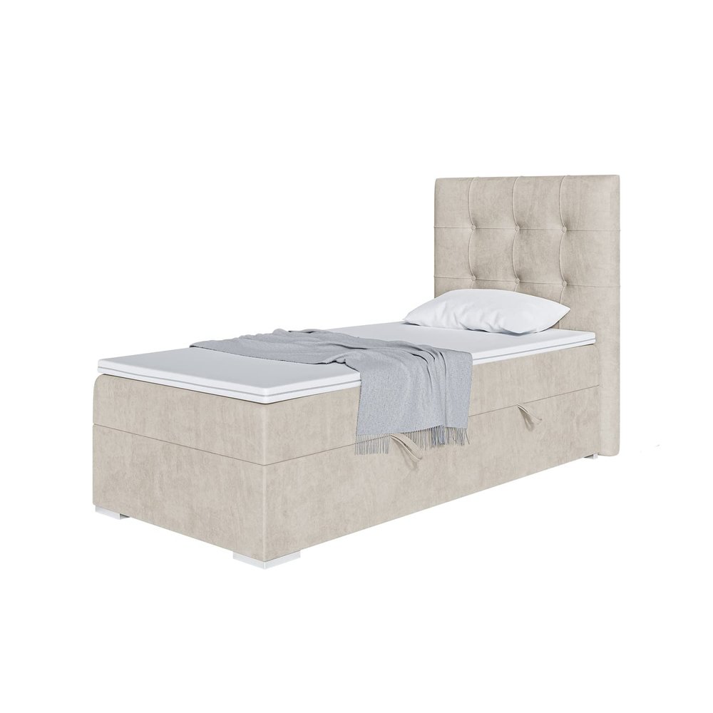 MEBLINI DENIZ Upholstered Box Spring Bed with Storage, Mattress & Topper, Left, 90 x 200 cm, H4/Cream Velvet