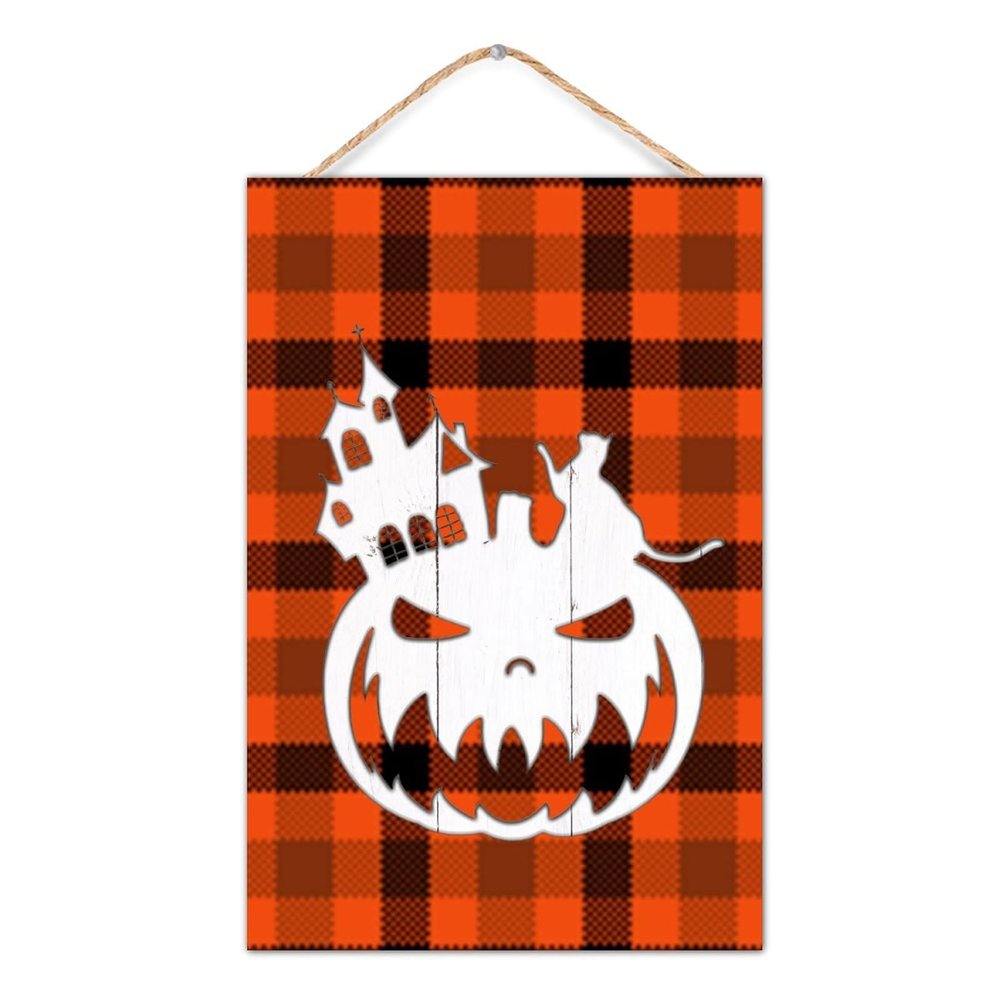 CustonCares Buffalo Plaid Pumpkins Welcome Front Door Sign, Orange, 8 x 12 in