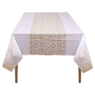 WedDecor White and Gold Plastic Tablecloth, 54 x 108 in, Rectangular, Disposable Party Tablecloth, 1 Count