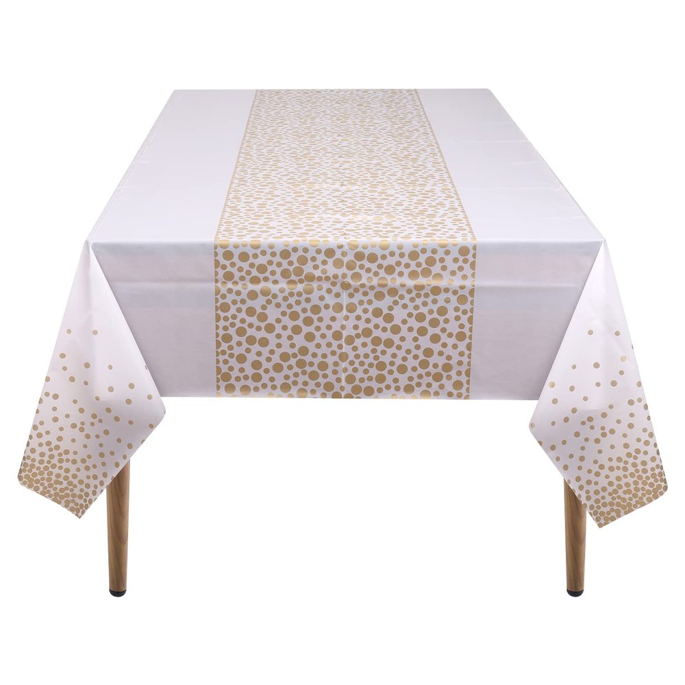 WedDecor White and Gold Plastic Tablecloth, 54 x 108 in, Rectangular, Disposable Party Tablecloth, 1 Count