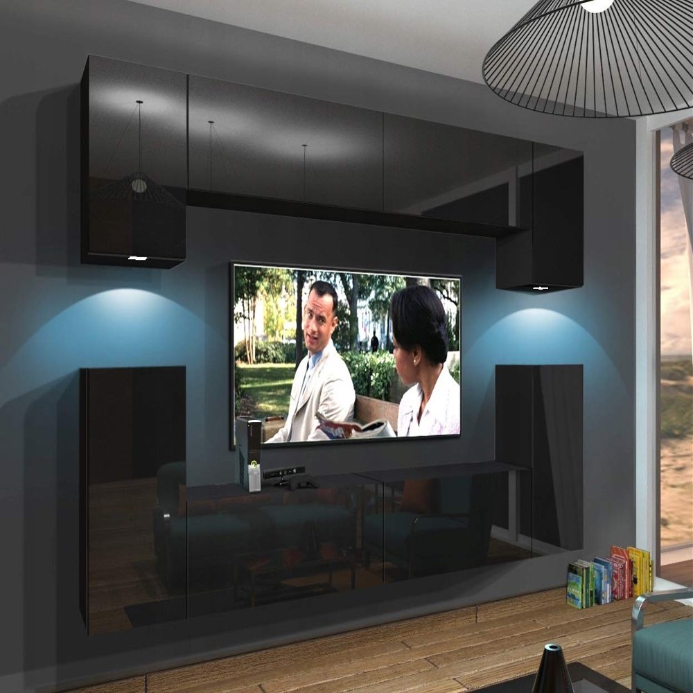 Furnitech Rodos Living Room Wall Unit, White, with LED, Shelves & TV Cabinet