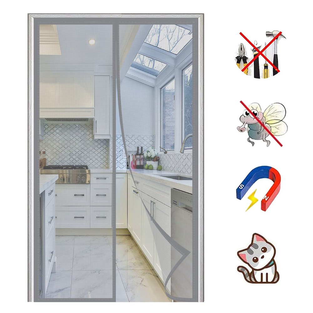 Magnetic Fly Screen Door Curtain, Automatic Closing, No Drilling, Gray, 120 x 185 cm