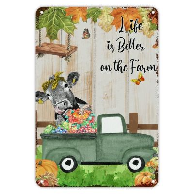 Guangpat Vintage Farm Green Truck Pumpkins Cows Metal Tin Sign, “Life Is Better on the Farm” Rustic Wall Decor