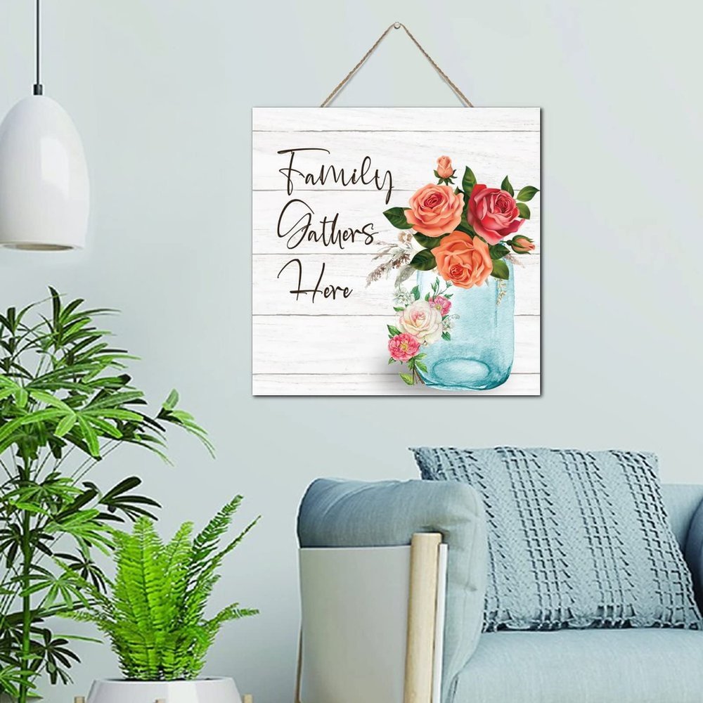 “Family Gathers Here” Floral Mason Jar Wooden Wall Sign, 30.5 x 30.5 cm