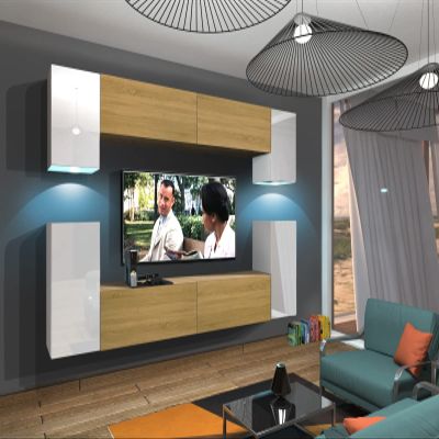 Furnitech Modern Living Room Wall Unit with Shelves & TV Cabinet, No LED (Rodos AN43-17WD-HGM53 1A)