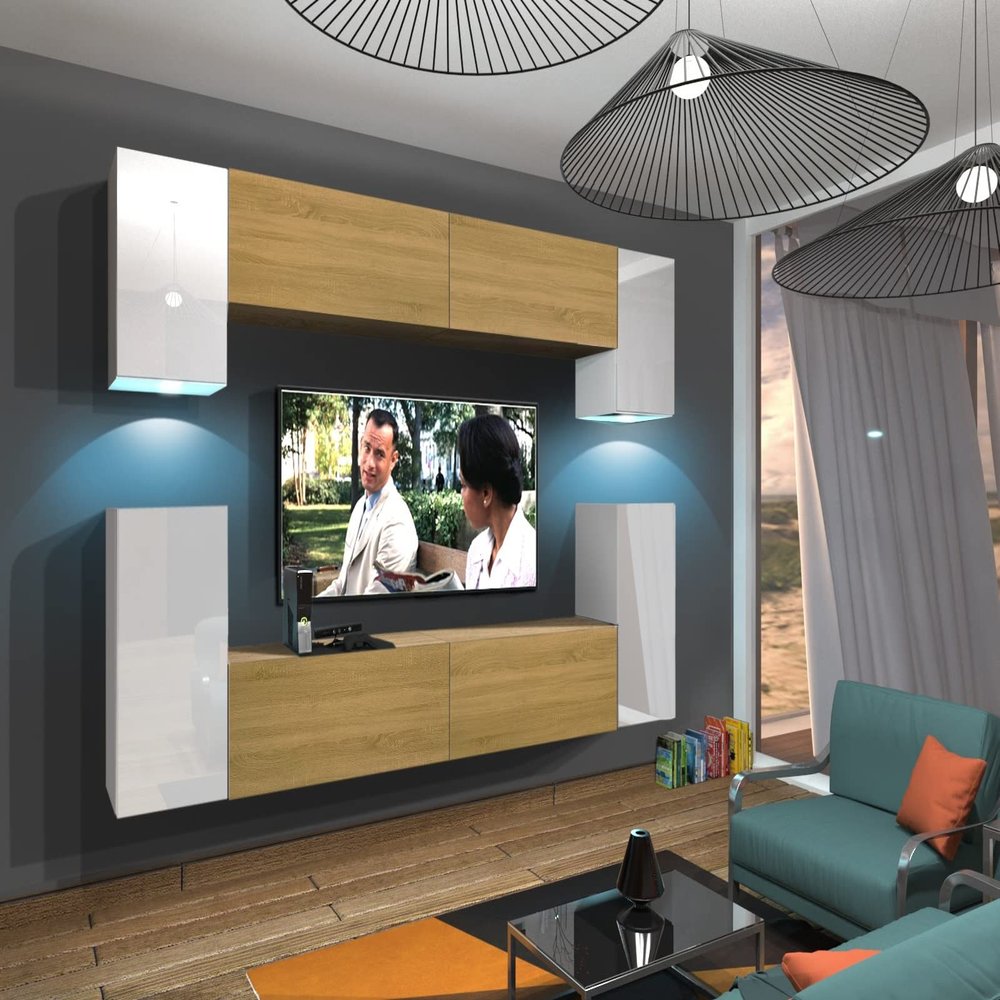 Furnitech Modern Living Room Wall Unit with Shelves & TV Cabinet, No LED (Rodos AN43-17WD-HGM53 1A)