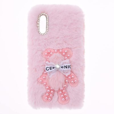 YKTO Fluffy Bunny Faux Fur Case for Samsung Galaxy A30S, Pink Pearl Bear