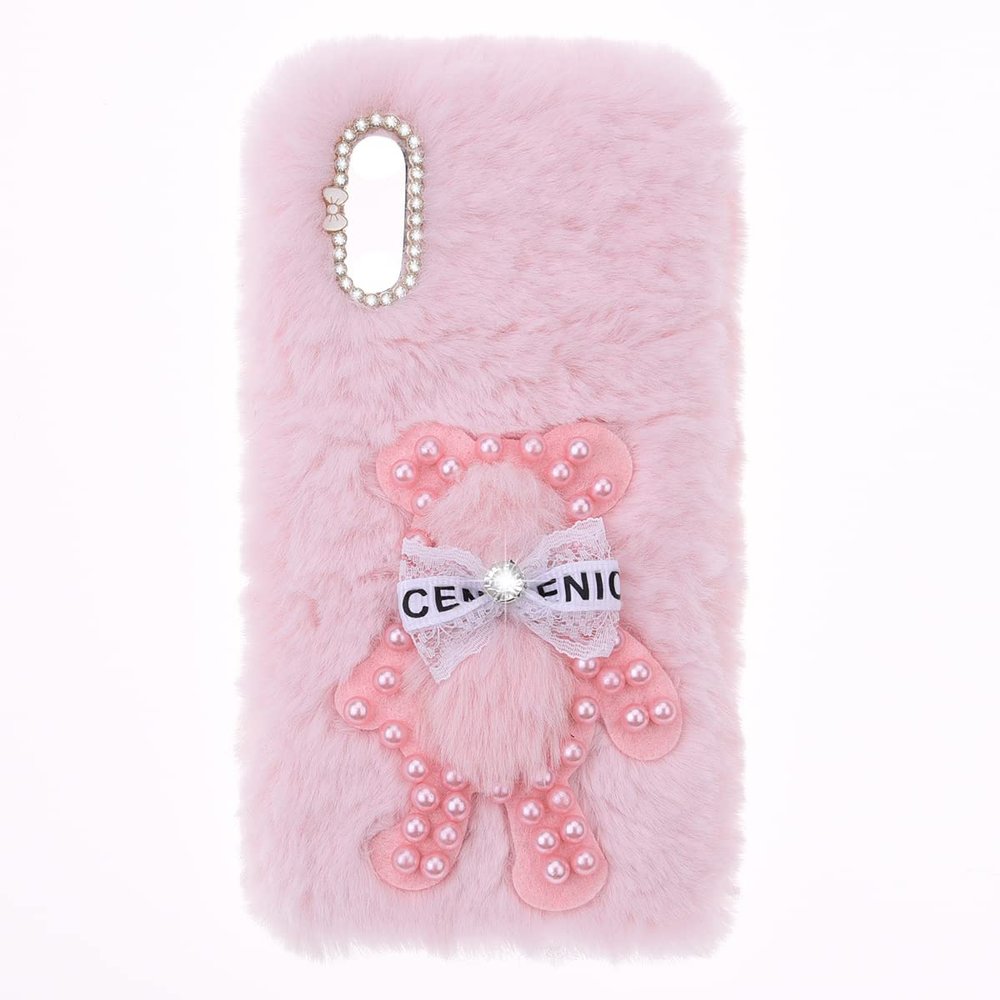 YKTO Fluffy Bunny Faux Fur Case for Samsung Galaxy A30S, Pink Pearl Bear