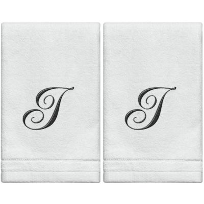 Monogrammed Fingertip Towels, Personalized Gift, 11 x 18 in, Black Embroidery, Extra Absorbent, 100% Cotton, for Bathroom, Kitchen, or Spa, Initial I (White)