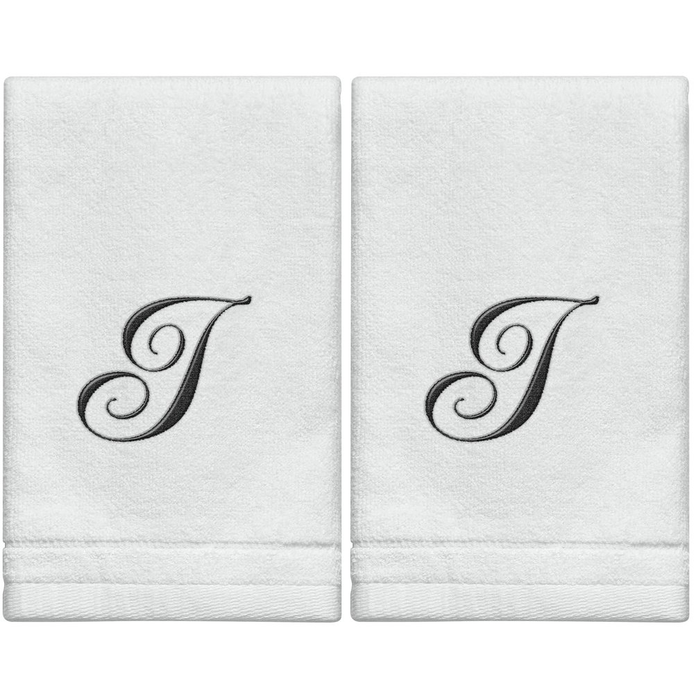 Monogrammed Fingertip Towels, Personalized Gift, 11 x 18 in, Black Embroidery, Extra Absorbent, 100% Cotton, for Bathroom, Kitchen, or Spa, Initial I (White)