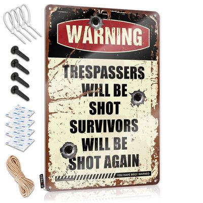Funny Billiards Warning Sign: Trespassers Will Be Shot, Survivors Will Be Shot Again, Metal Sign, Outdoor Decor, Boys' Room Decor (Size: 20 x 30 cm)