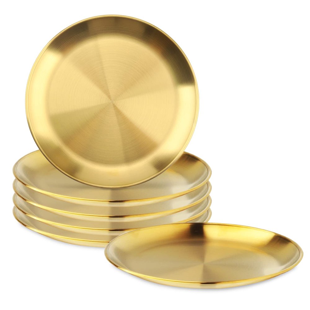Stainless Steel Plates, Set of 6, 304 Stainless Steel Dinner Plates, Gold