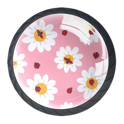 JDEZ White Flower and Ladybug Pattern Crystal Glass Cabinet Knobs, Round Handles with Screws, Set of 4