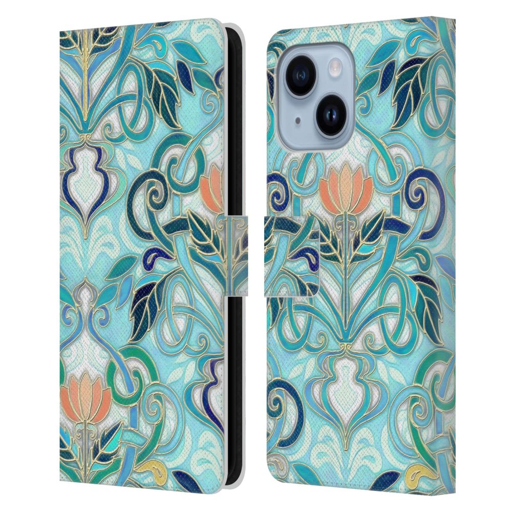 Head Case Designs Official Micklyn Le Feuvre Ocean Aqua Art Nouveau Peach Blossom Pattern 2 Leather Wallet Case for Apple iPhone 14 Plus