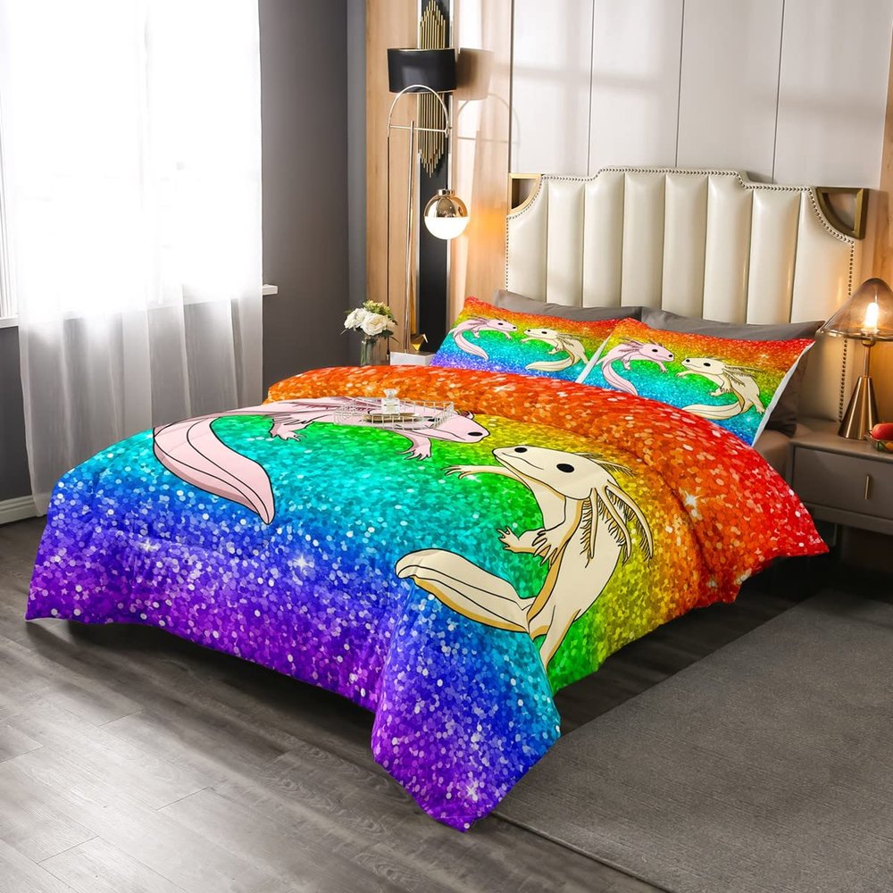 Axolotl Rainbow Ombre Glitter Duvet Cover Set, 200 x 200 cm