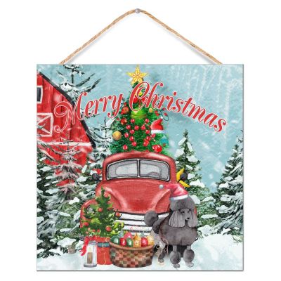 Dog Christmas Truck Wooden Sign, Red Vintage Farmhouse Decor, 30.5 x 30.5 cm