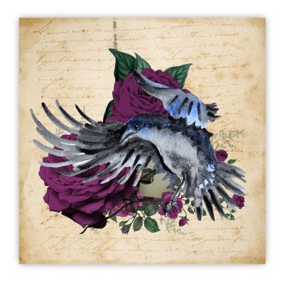 Raven on Skull Halloween Wooden Wall Sign with Purple Flower, 8 x 8 in