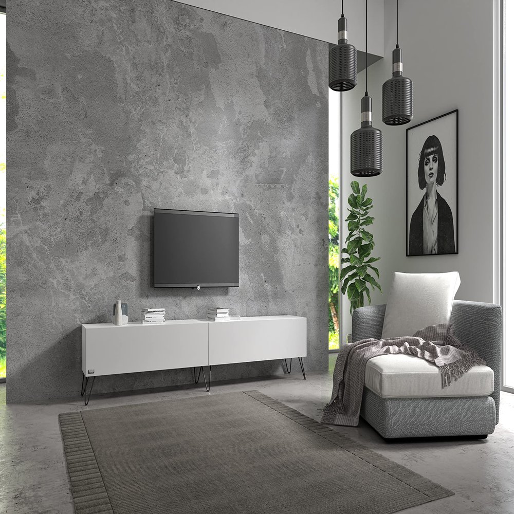 Wuun Somero TV Stand, 200 cm (2 x 100 cm), Matte White/Black Hairpin Legs