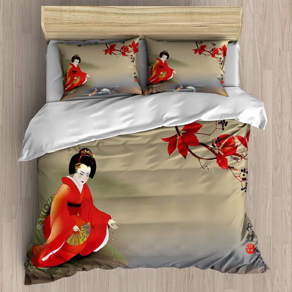 NEKOMARUKE 200 x 200 cm Geisha & Koi Oriental Autumn Rhythm 3D-Printed Bedding Set