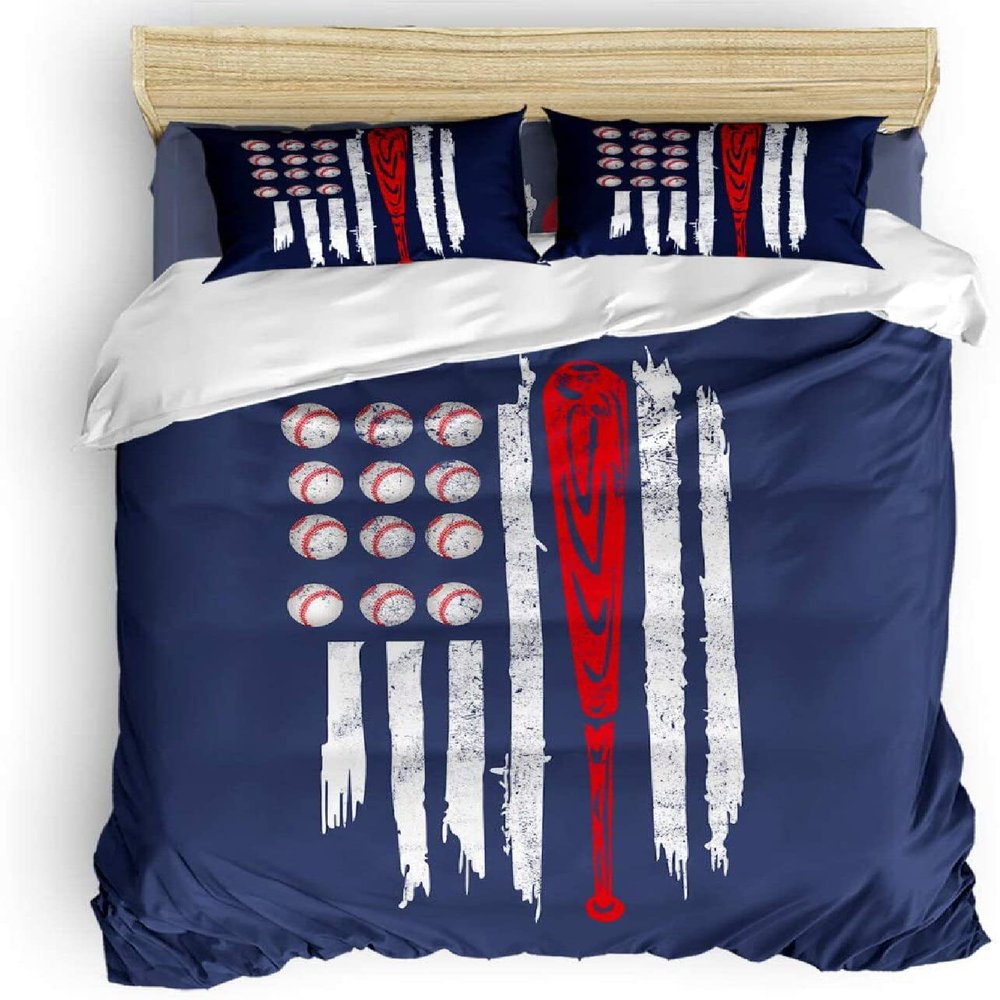 NEKOMARUKE Blue Baseball American Flag Bedding Set, 135 x 200 cm